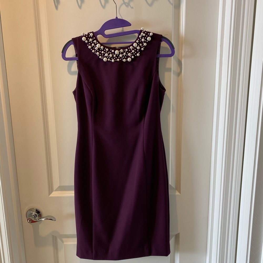 Purple Calvin Klein sheath dress with pearls